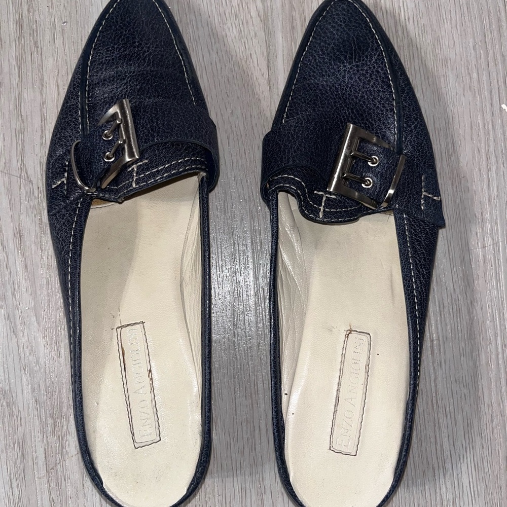 Enzo Angiolini Navy Buckle Leather Pointed Toe Slip On Block Heel Mules 7M